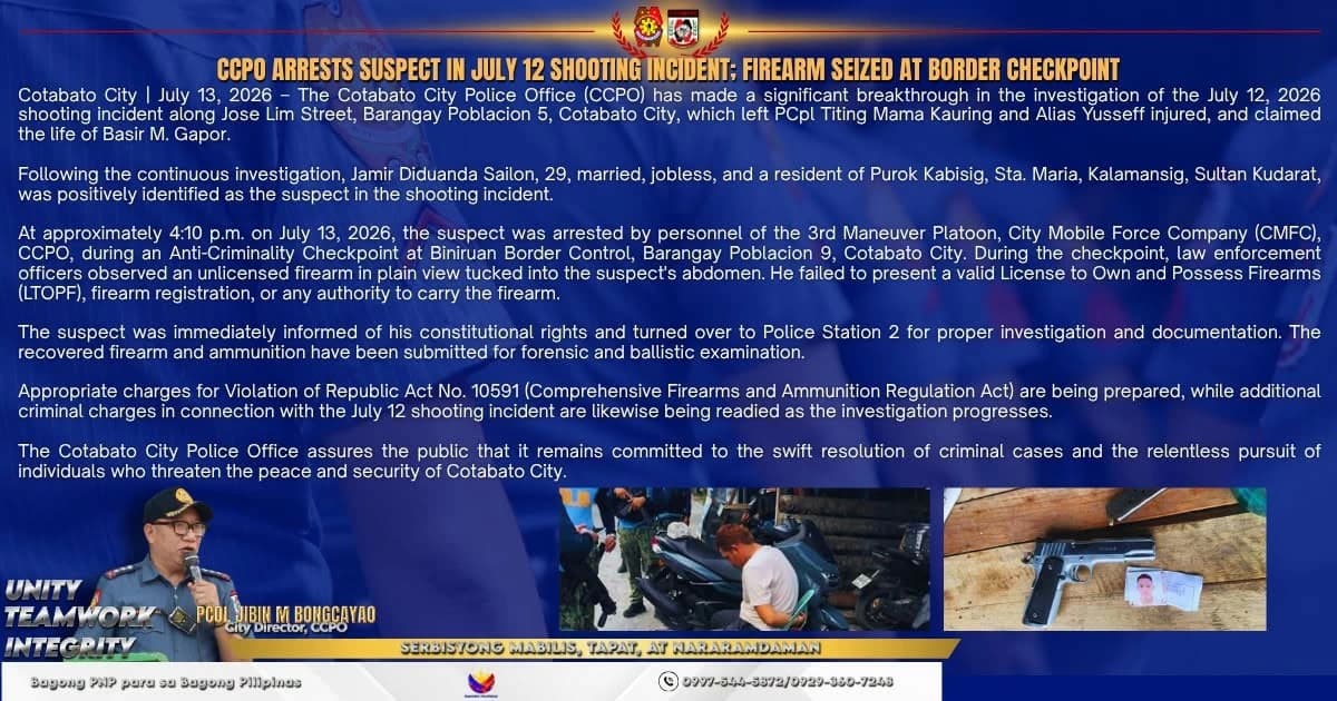 Gunman in botched hit on cop arrested in Cotabato City