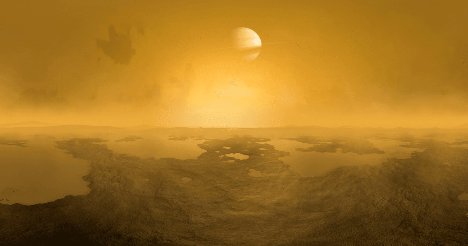 Even at noon Titan sits in permanent dusk: distance and thick haze together leave barely a thousandth of Earth's sunlight at the surface — about as dim as Earth ten minutes after sunset, a golden gloo
